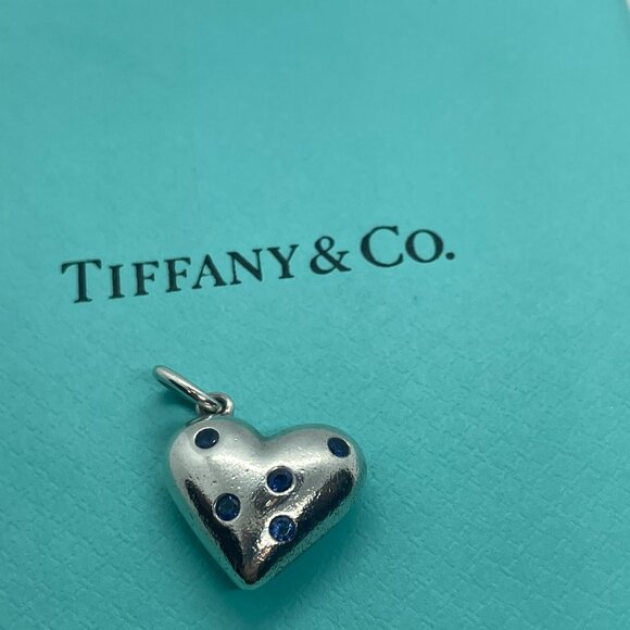 RARE Tiffany & Co. Blue Sapphire Etoile Heart Charm Pendant Sterling Silver - Picture 2 of 15